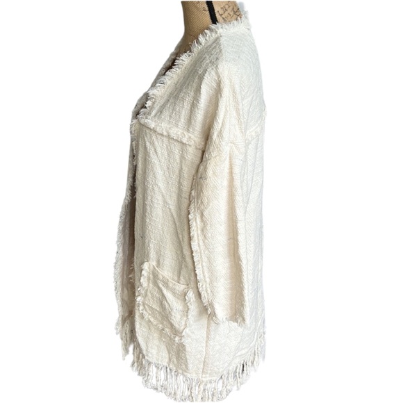 Vilagallo Open Front Cotton Woven Jacket with Fringe, Off White - Picture 3 of 8